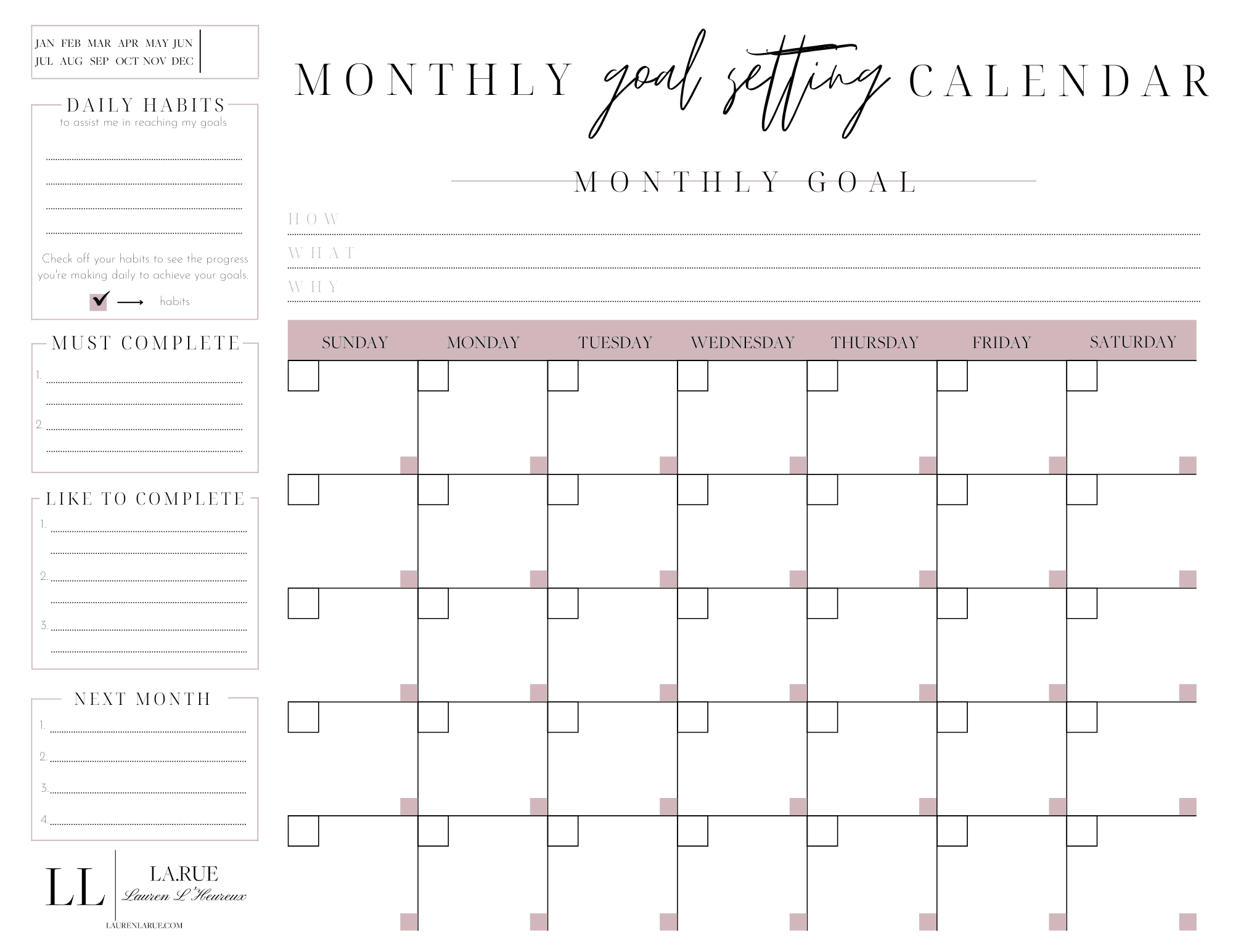 Monthly Goals Calendar Template Printable Pdf